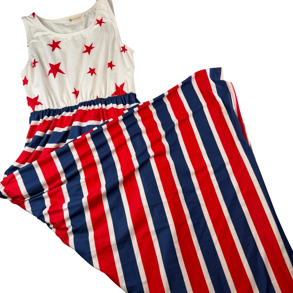 Patriotic 4th of July USA Flag Stars Stripes Maxi Dress Pockets Womens L America